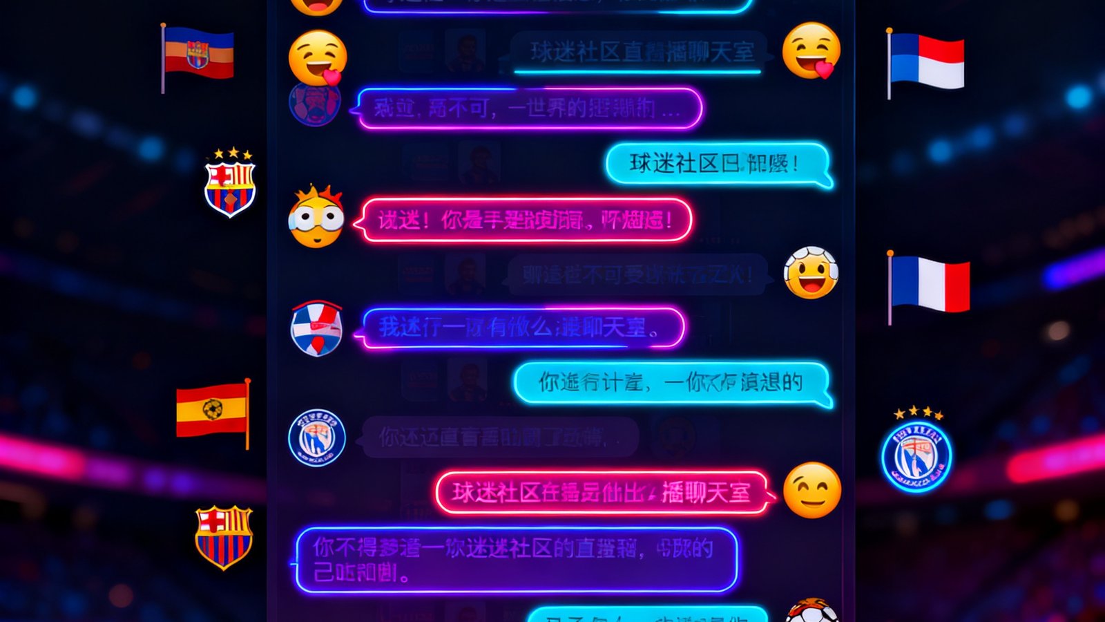 球迷社区直播聊天室界面展示，数百条实时滚动消息在深色背景上以霓虹色彩高亮显示，表情包和球队旗帜图标穿插其中，气氛热烈